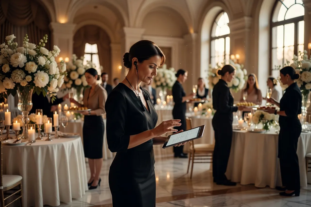 Wedding planner coordonnant discrètement les prestataires le jour du mariage dans une salle de réception